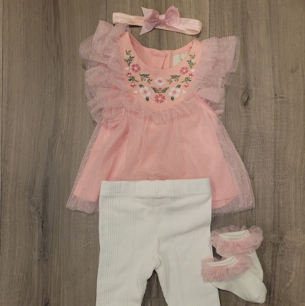 Beautiful Baby Girls Pink Ruffled Top and White Leggings Set NWOT
